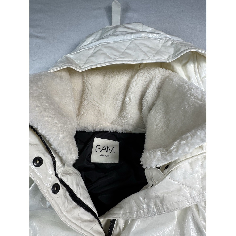 SAM. New York Women's‎ Glossy White Puffer Parka Hooded Fur Trim Size M Vintage - Picture 4 of 14